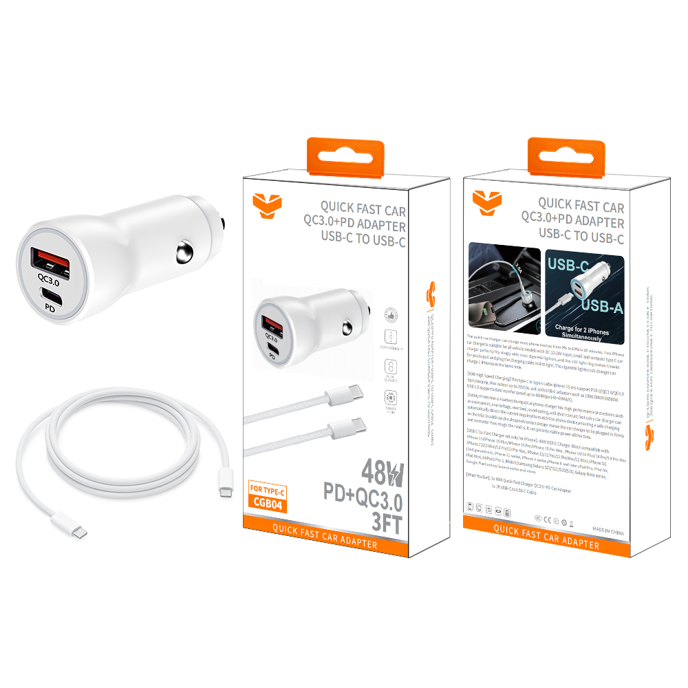 CGB04  48W QC3.0+PD car charger +60W 3FT USB-C to USB-C Cable